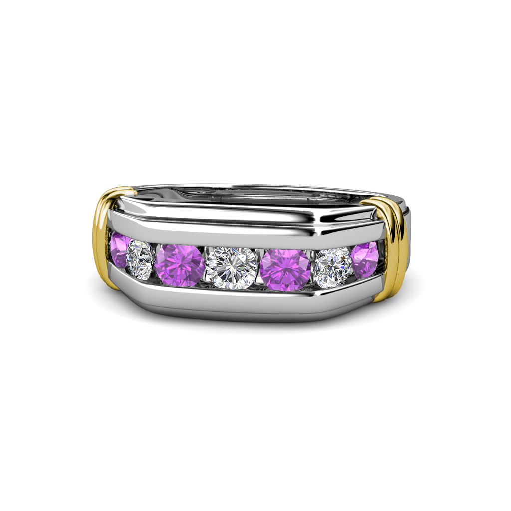 Brad Round Amethyst and Diamond 7 Stone Men Wedding Ring 